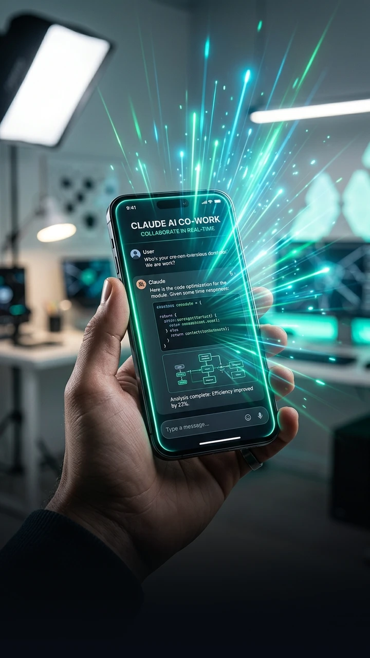 Vertical 9:16 portrait cover showing Claude Co-work interface on smartphone screen with vibrant neon lighting