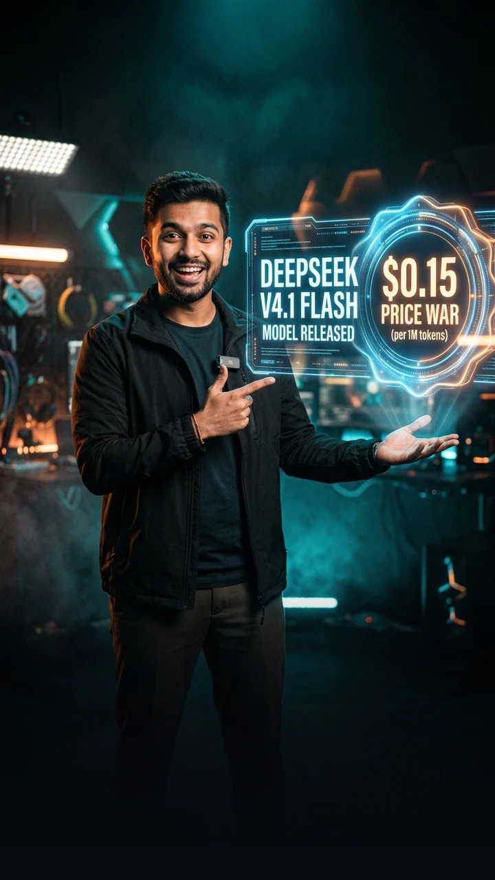 Indian tech creator introducing DeepSeek V4.1 Flash AI price war in modern studio